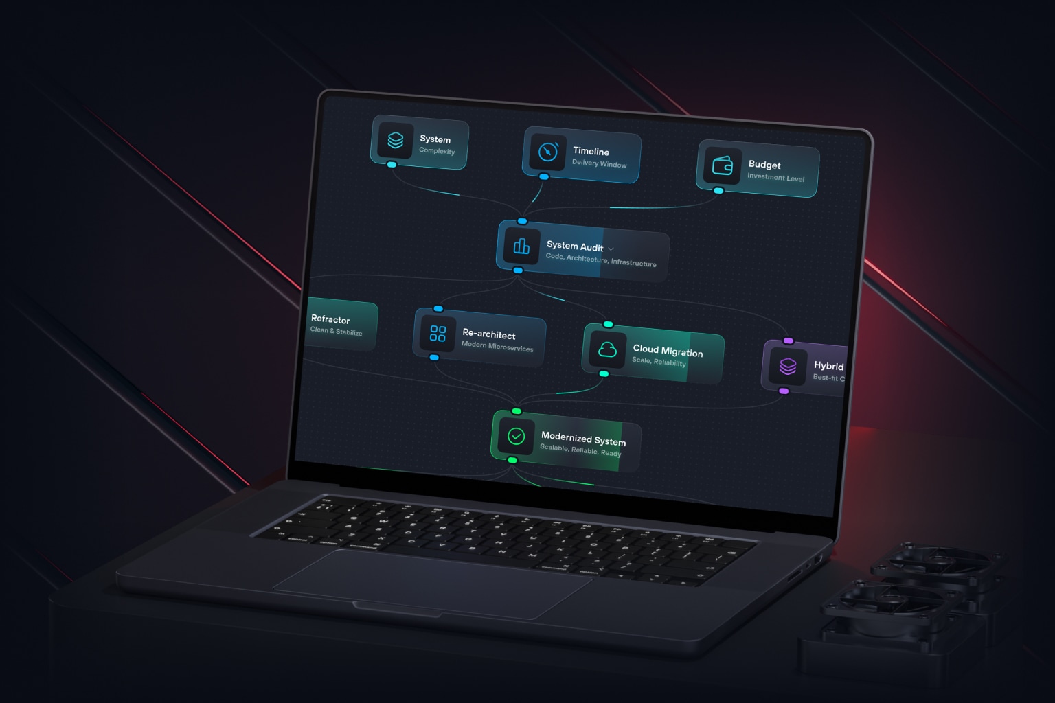 Laptop mockup with mobile app UI screens on a dark background.