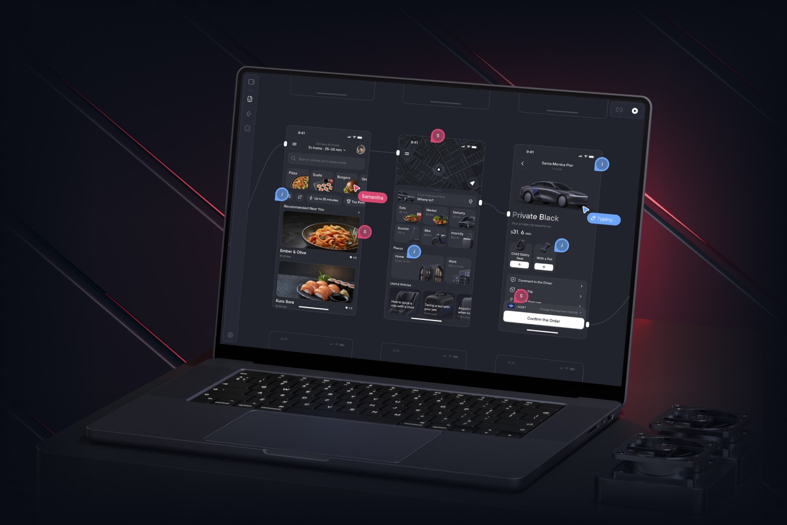 Laptop mockup with mobile app UI screens on a dark background.