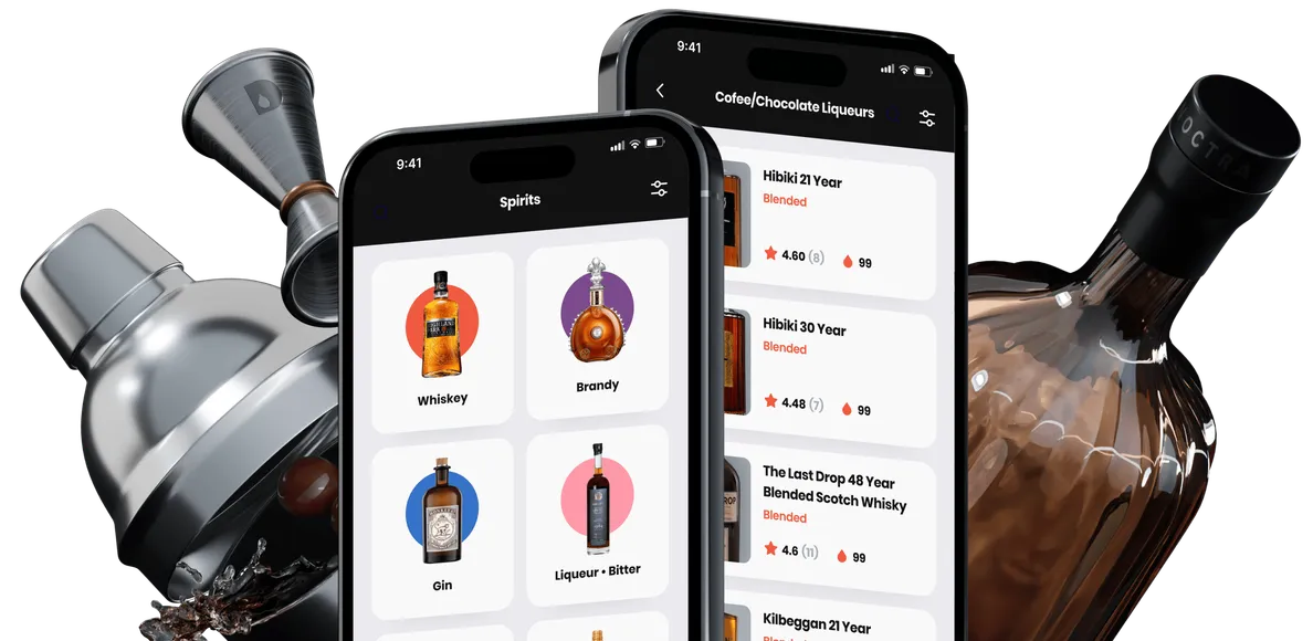 Image of the app screens surrounded by a shaker and a whiskey bottle.