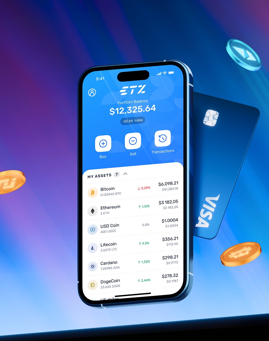 ETZ crypto retirement app dashboard with coin prices and trading features.