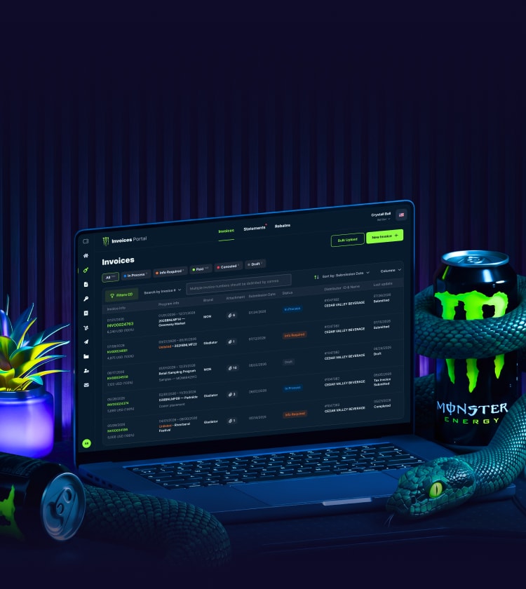Monster Invoice Portal application opened on the laptop