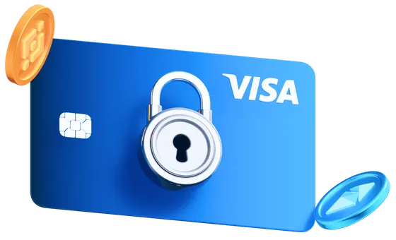 Blue crypto card secured with a padlock, surrounded by coins.