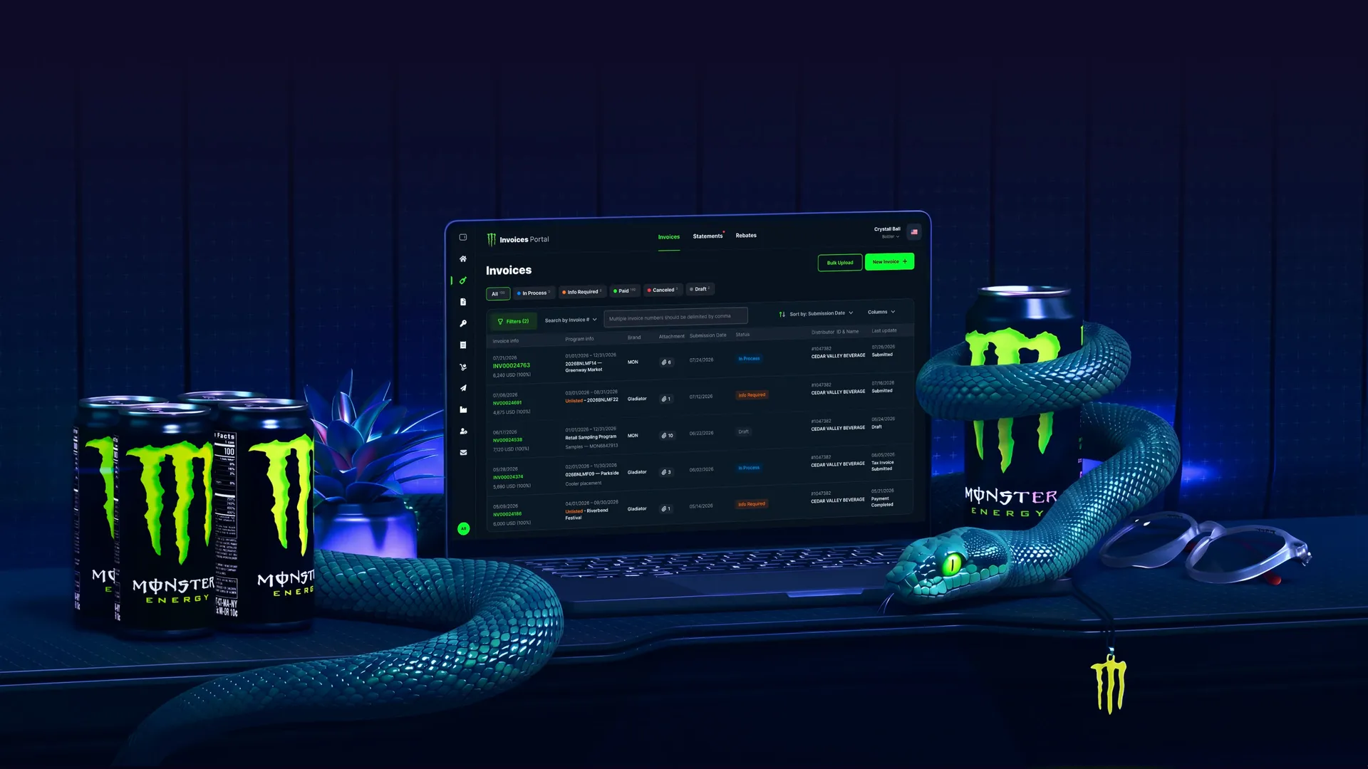 laptop with monster invoice portal on the screen
