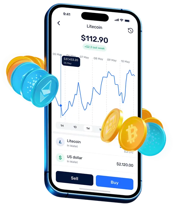 ETZ mobile app showing a Litecoin price chart with floating coins.